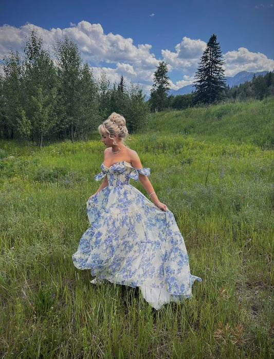 Floral-Print Ruched Off-Shoulder Bow-Trim Tiered Floor-Length Prom Dress