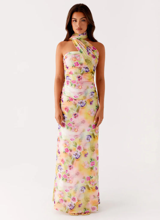 Floral Print Ruched Halter Neck Prom Dress One Shoulder Maxi Gown with Draped Detail