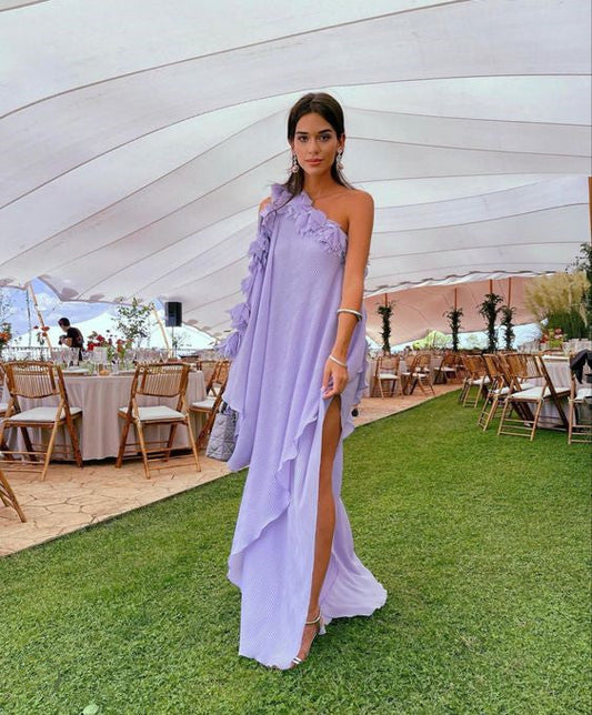 Flowy Ruffled One-Shoulder Asymmetrical High-Slit Floor-Length Prom Dress