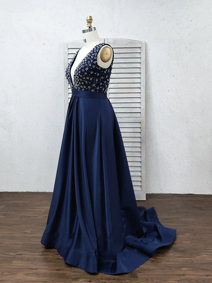 Vestidos de noche largos de satén con escote en V y espalda abierta con cuentas y vestidos de fiesta 