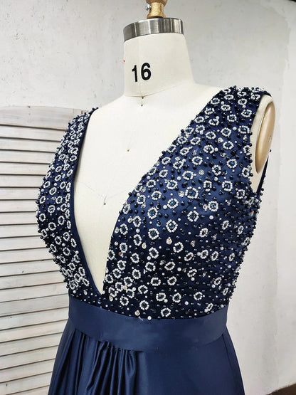 Vestidos de noche largos de satén con escote en V y espalda abierta con cuentas y vestidos de fiesta 