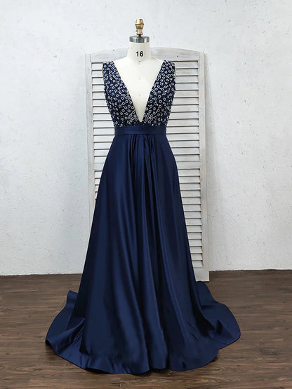 Vestidos de noche largos de satén con escote en V y espalda abierta con cuentas y vestidos de fiesta 