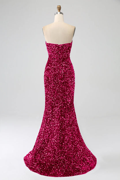 Amzcw Fuchsia Mermaid Strapless Sequins Long Prom Dress With Slit prom dresses shops