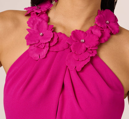 Fuchsia Maxi Evening Dresses with Halter Neckline 3D Floral Applique High Waist and Mermaid Silhouette