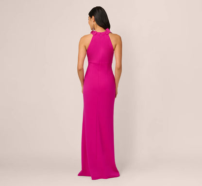 Fuchsia Maxi Evening Dresses with Halter Neckline 3D Floral Applique High Waist and Mermaid Silhouette