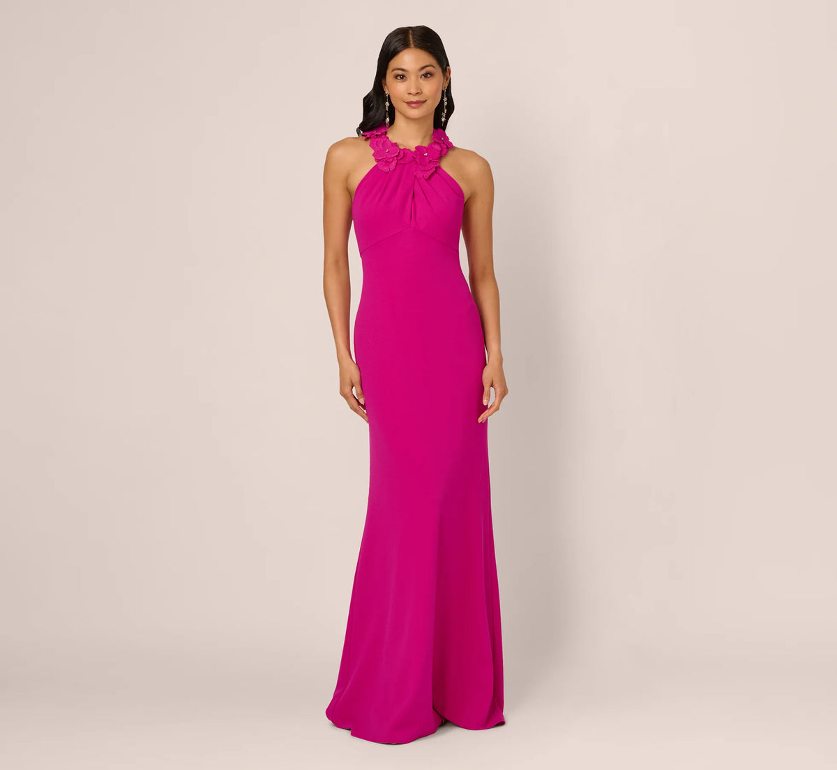 Fuchsia Maxi Evening Dresses with Halter Neckline 3D Floral Applique High Waist and Mermaid Silhouette