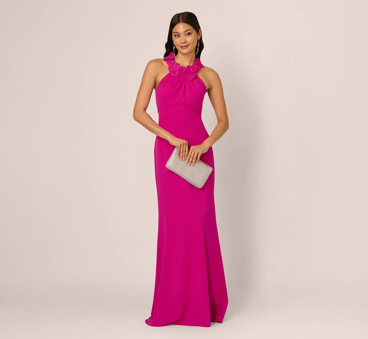 Fuchsia Maxi Evening Dresses with Halter Neckline 3D Floral Applique High Waist and Mermaid Silhouette
