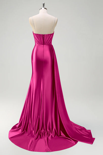 Fuchsia Satin Sheer Beaded Corset Spaghetti Strap Mermaid Prom Dress with Slit and Train