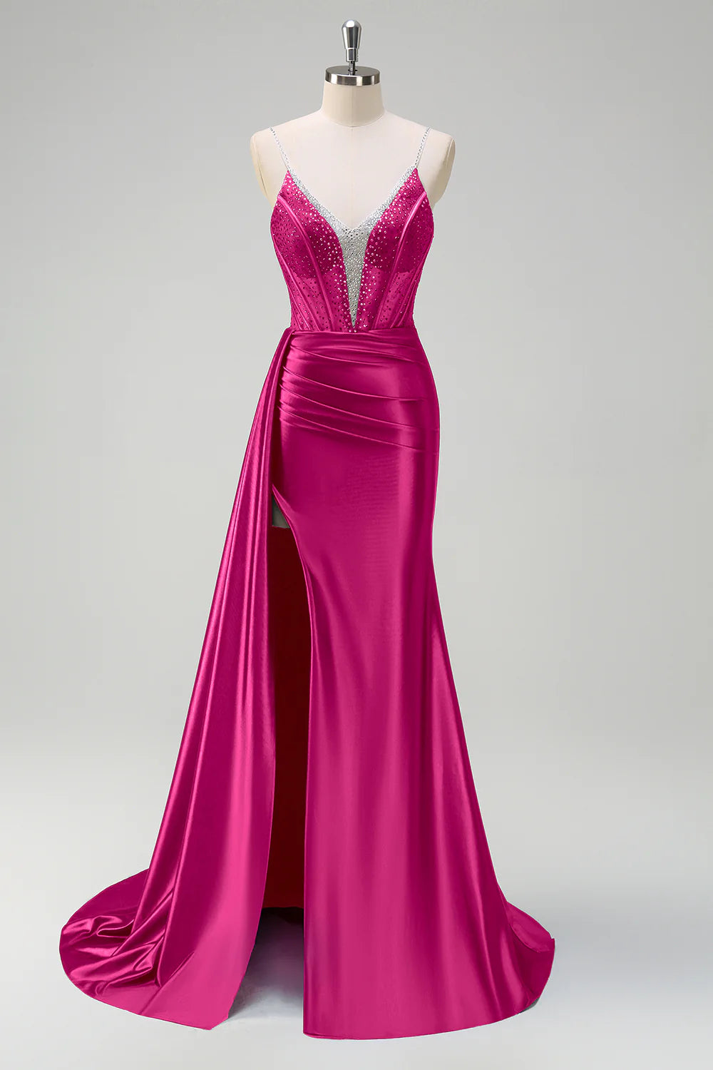 Fuchsia Satin Sheer Beaded Corset Spaghetti Strap Mermaid Prom Dress with Slit and Train