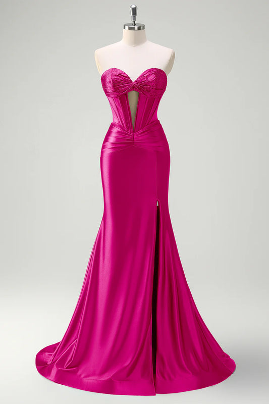 Fuchsia Satin Strapless Beaded Bust Lace-Up Back Mermaid Prom Dress with Slit