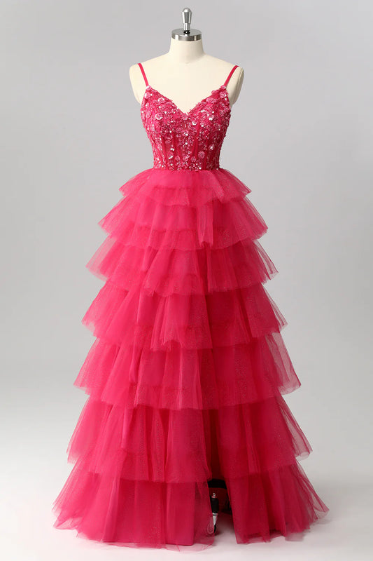 Fuchsia Spaghetti Strap Prom Dress with Sequin Floral Corset Bodice, Tiered Glitter Tulle Skirt and Lace-Up Back