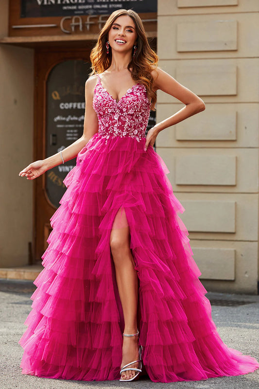 Fuchsia Spaghetti Strap Prom Dress with Sequin Floral Corset, Tiered Ruffle Tulle Skirt and High Slit