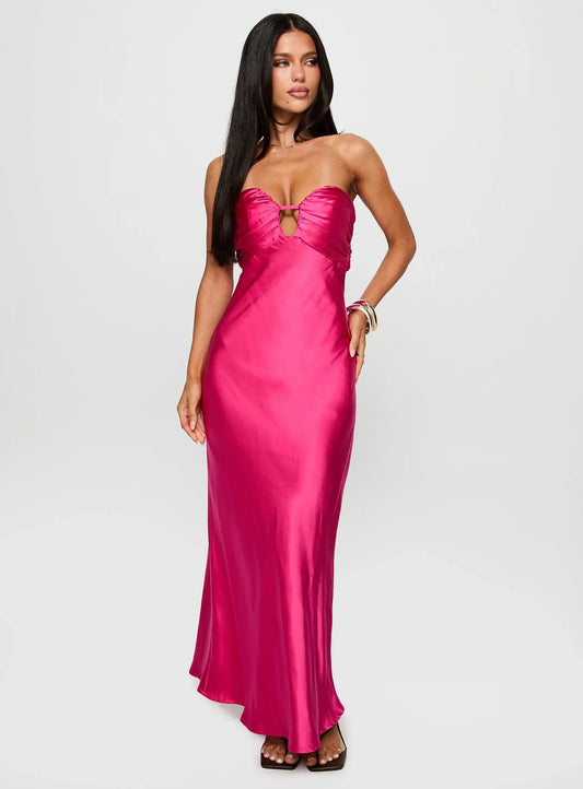 Fuchsia Strapless Prom Dress with Keyhole Detail and Satin Fabric for Formal Events and Prom Nights