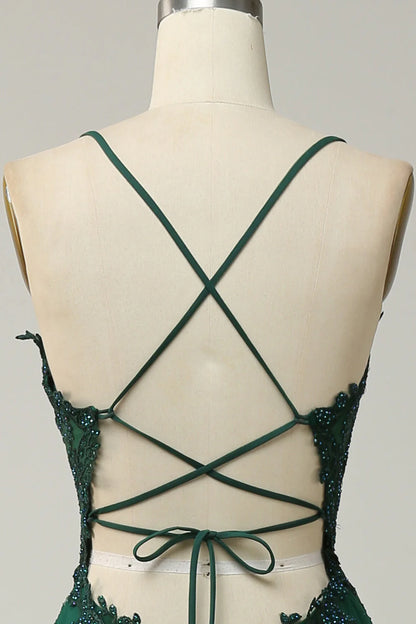 Amzcw A Line Spaghetti Straps Long Dark Green Prom Dress with Criss Cross Back