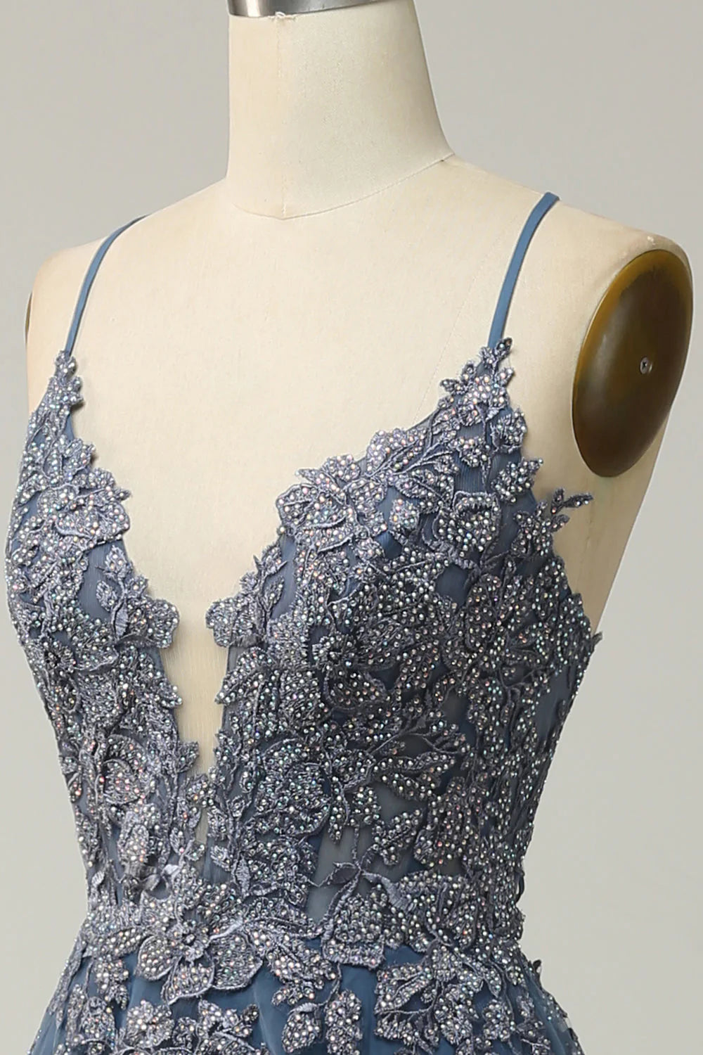 Vestido de fiesta largo Amzcw gris azulado con tirantes finos en forma de A y espalda cruzada, vestidos de fiesta con mangas largas 