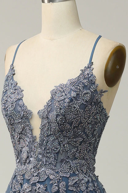 Vestido de fiesta largo Amzcw gris azulado con tirantes finos en forma de A y espalda cruzada, vestidos de fiesta con mangas largas 