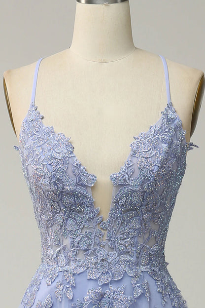 Amzcw A Line Light Purple Long Prom Dress with Criss Cross Back