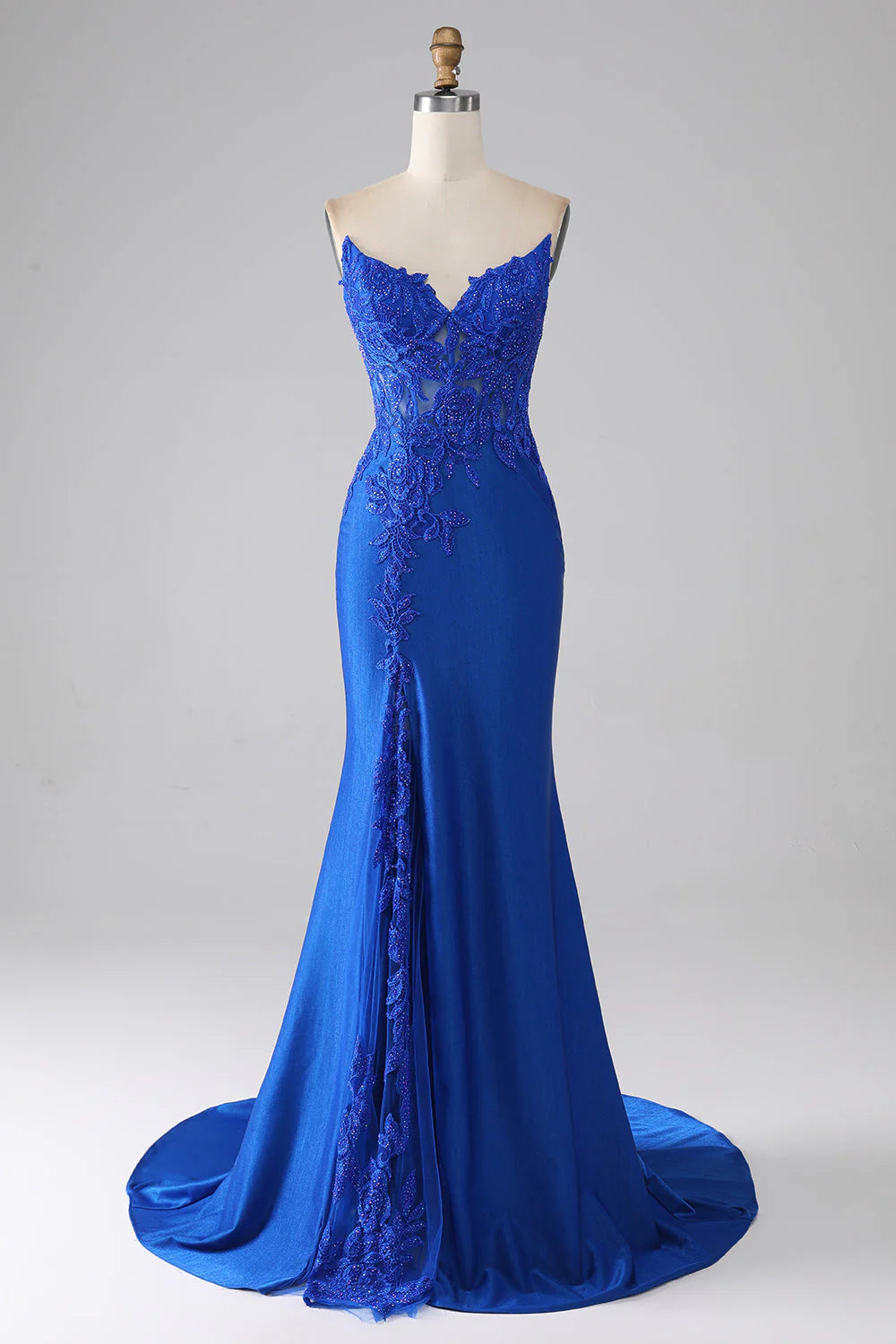 Amzcw Royal Blue Mermaid Strapless Long Beaded Prom Dress With Appliques prom clothing