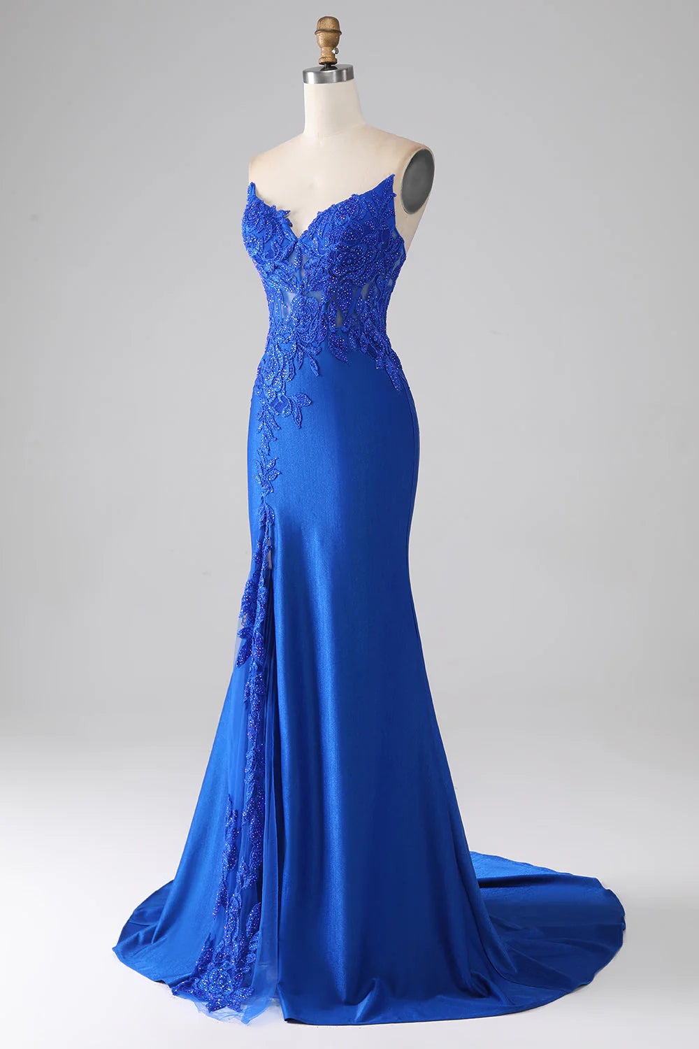 Amzcw Royal Blue Mermaid Strapless Long Beaded Prom Dress With Appliques prom clothing