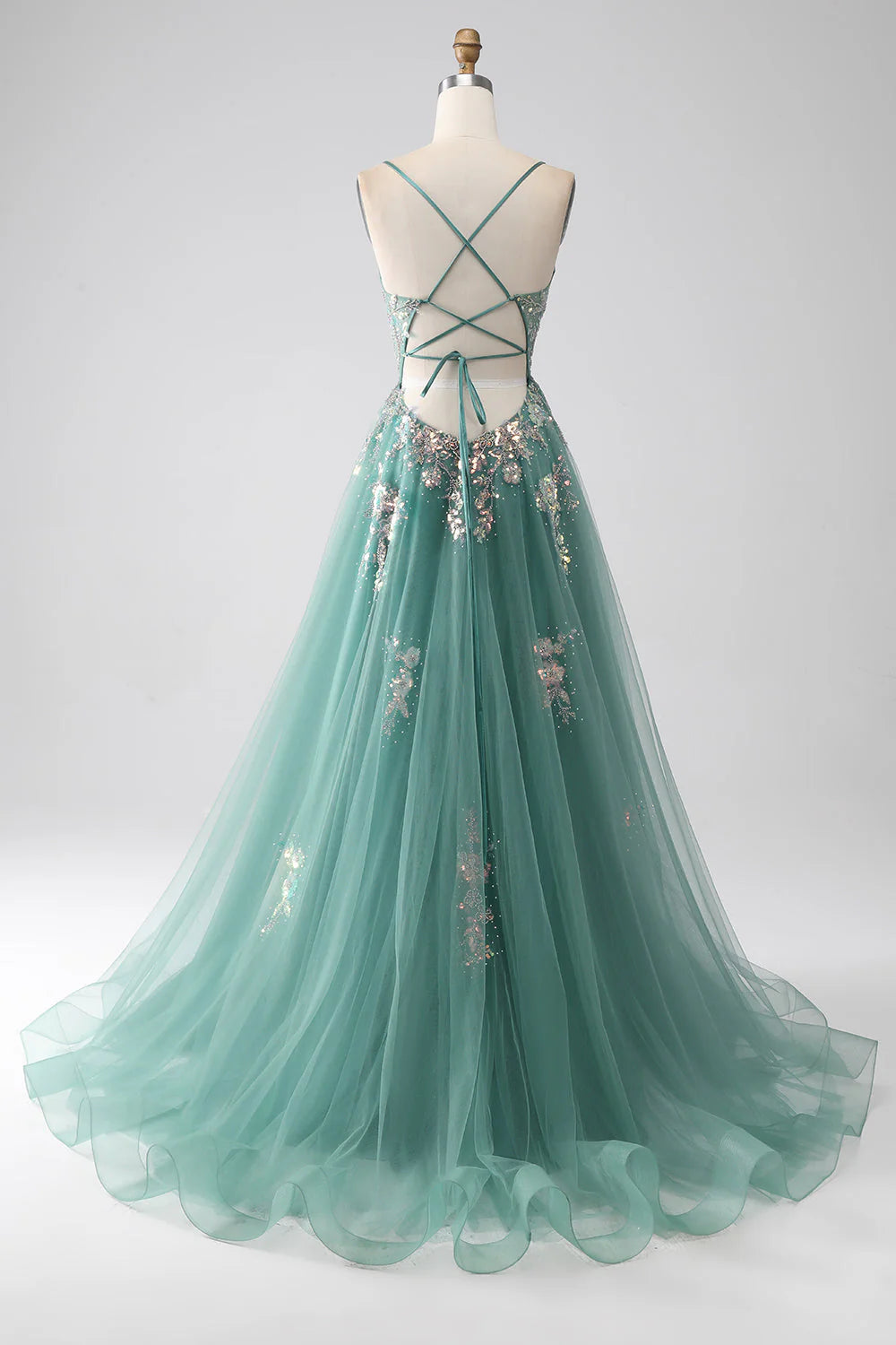 Amzcw Sparkly Green A-Line Spaghetti Straps Long Prom Dress With Sequin Appliques prom dresses with long sleeves