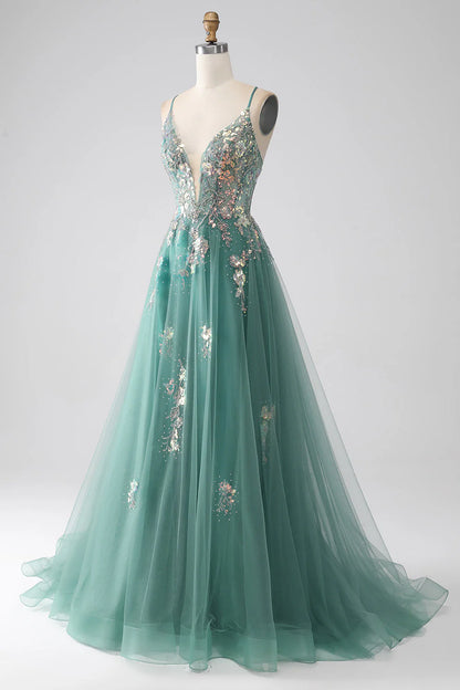 Amzcw Sparkly Green A-Line Spaghetti Straps Long Prom Dress With Sequin Appliques prom dresses with long sleeves