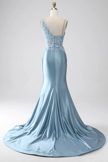 Amzcw Grey Blue Mermaid Spaghetti Straps Long Beaded Prom Dress With Appliques prom dresses with long sleeves