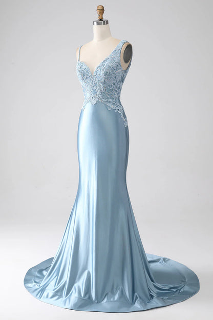 Amzcw Grey Blue Mermaid Spaghetti Straps Long Beaded Prom Dress With Appliques prom dresses with long sleeves