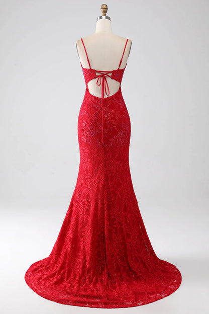 Amzcw Red Mermaid Spaghetti Straps Beaded Lace Applique Long Prom Dress With Slit prom dresses with long sleeves