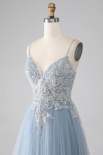 Amzcw Sparkly Grey Blue Mermaid Spaghetti Straps Sequin Long Prom Dress prom dresses shops