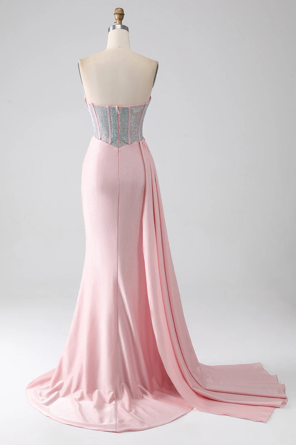 Amzcw Mermaid Strapless Beaded Pleated Long Pink Prom Dress With High Slit prom dresses shops