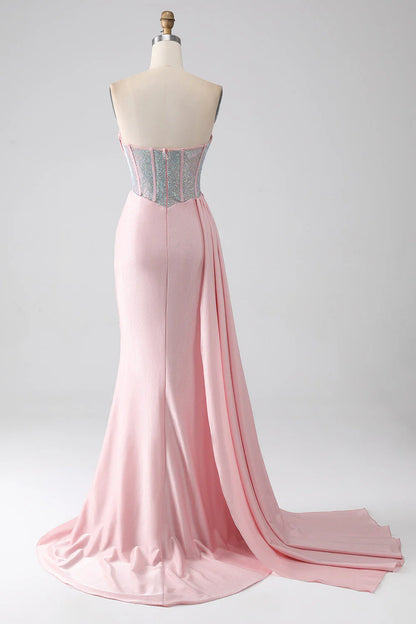 Amzcw Mermaid Strapless Beaded Pleated Long Pink Prom Dress With High Slit prom dresses shops