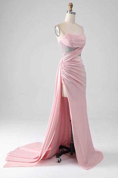 Amzcw Mermaid Strapless Beaded Pleated Long Pink Prom Dress With High Slit prom dresses shops