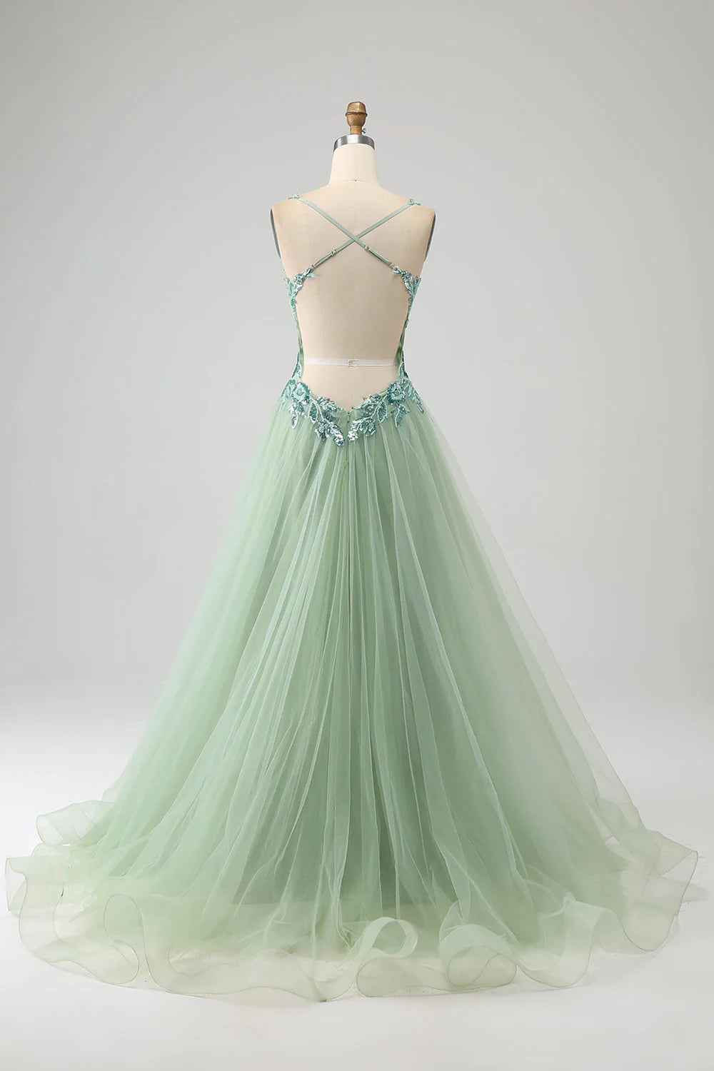Amzcw Gorgeous Light Green A Line Spaghetti Straps Long Prom Dress with Appliques prom dresses shops