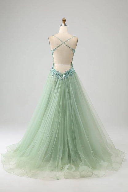 Amzcw Gorgeous Light Green A Line Spaghetti Straps Long Prom Dress with Appliques prom dresses shops