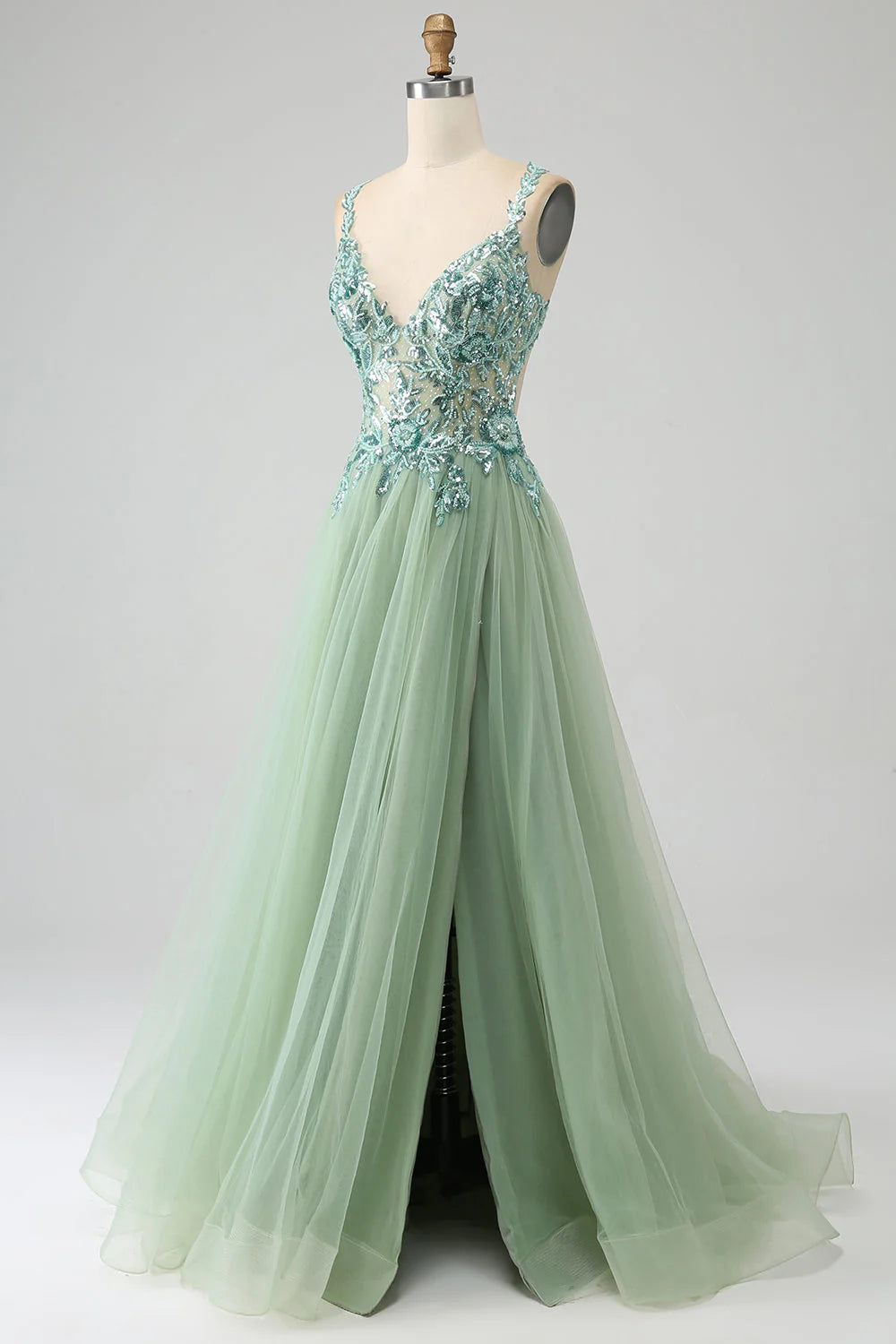 Amzcw Gorgeous Light Green A Line Spaghetti Straps Long Prom Dress with Appliques prom dresses shops