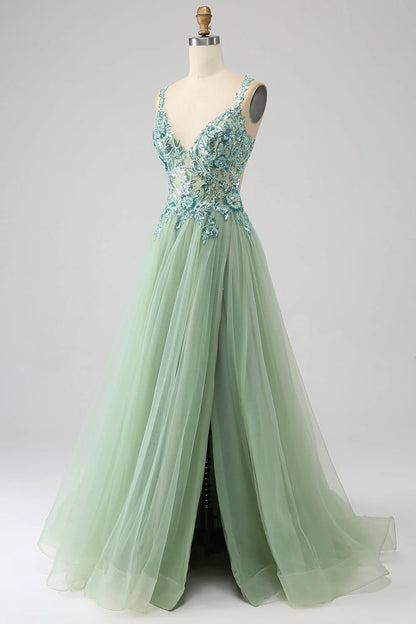 Amzcw Gorgeous Light Green A Line Spaghetti Straps Long Prom Dress with Appliques prom dresses shops