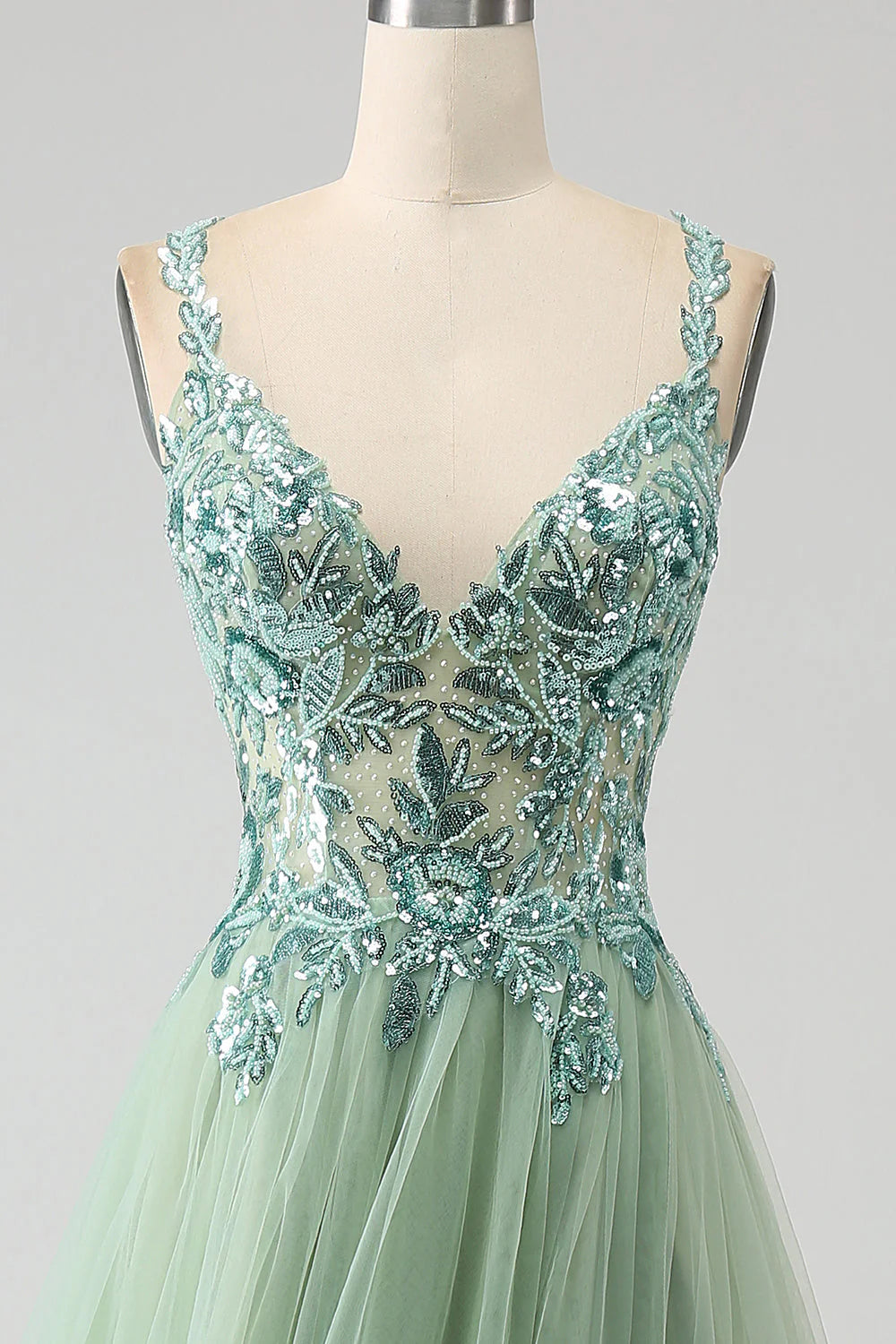 Amzcw Gorgeous Light Green A Line Spaghetti Straps Long Prom Dress with Appliques prom dresses shops