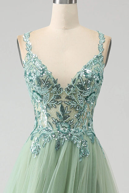 Amzcw Gorgeous Light Green A Line Spaghetti Straps Long Prom Dress with Appliques prom dresses shops