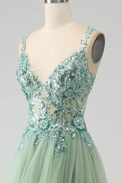 Amzcw Gorgeous Light Green A Line Spaghetti Straps Long Prom Dress with Appliques prom dresses shops
