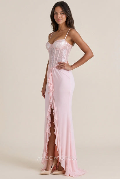 Back view of the blush pink sequin prom dress, featuring a detailed lace-up corset.