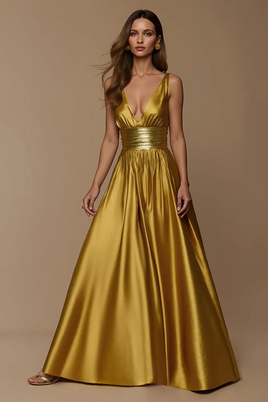 Glamorous A-Line Deep V-Neck Sleeveless Plunging Back Floor-Length Evening Dresses