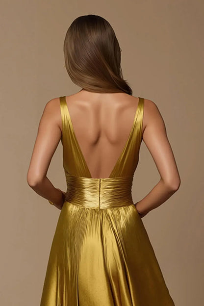 Glamorous A-Line Deep V-Neck Sleeveless Plunging Back Floor-Length Evening Dresses
