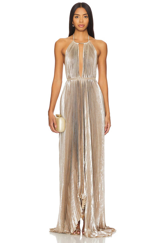Glamorous A-Line Halter Sleeveless Open-Back Maxi Prom Dress