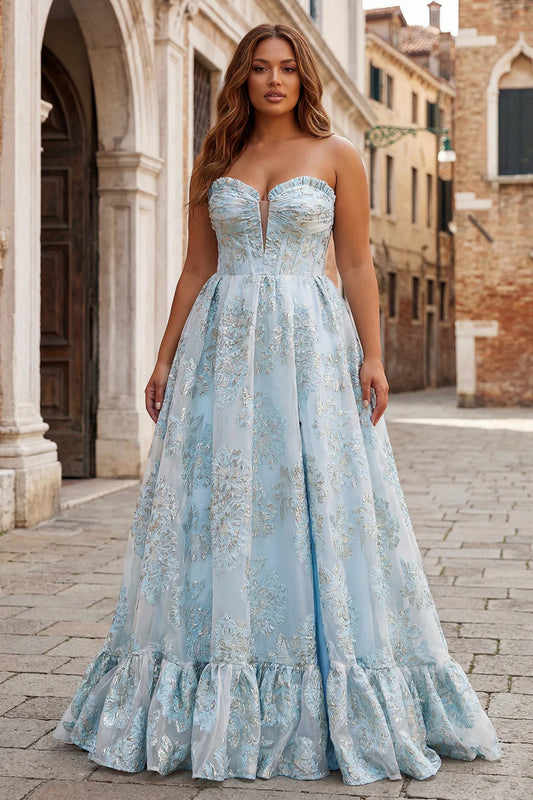 Glamorous A-Line Strapless Sweetheart Neck Sleeveless Open Back Floor-Length Ruffle Hem Floral Prom Dress