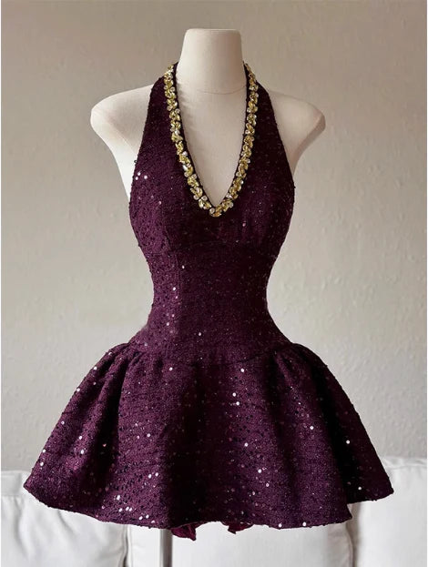 Glamorous A Line Halter Neck Deep V Neck Gold Crystal Embellished Sparkly Tweed Short Homecoming Dress in Plum for Formal Events
