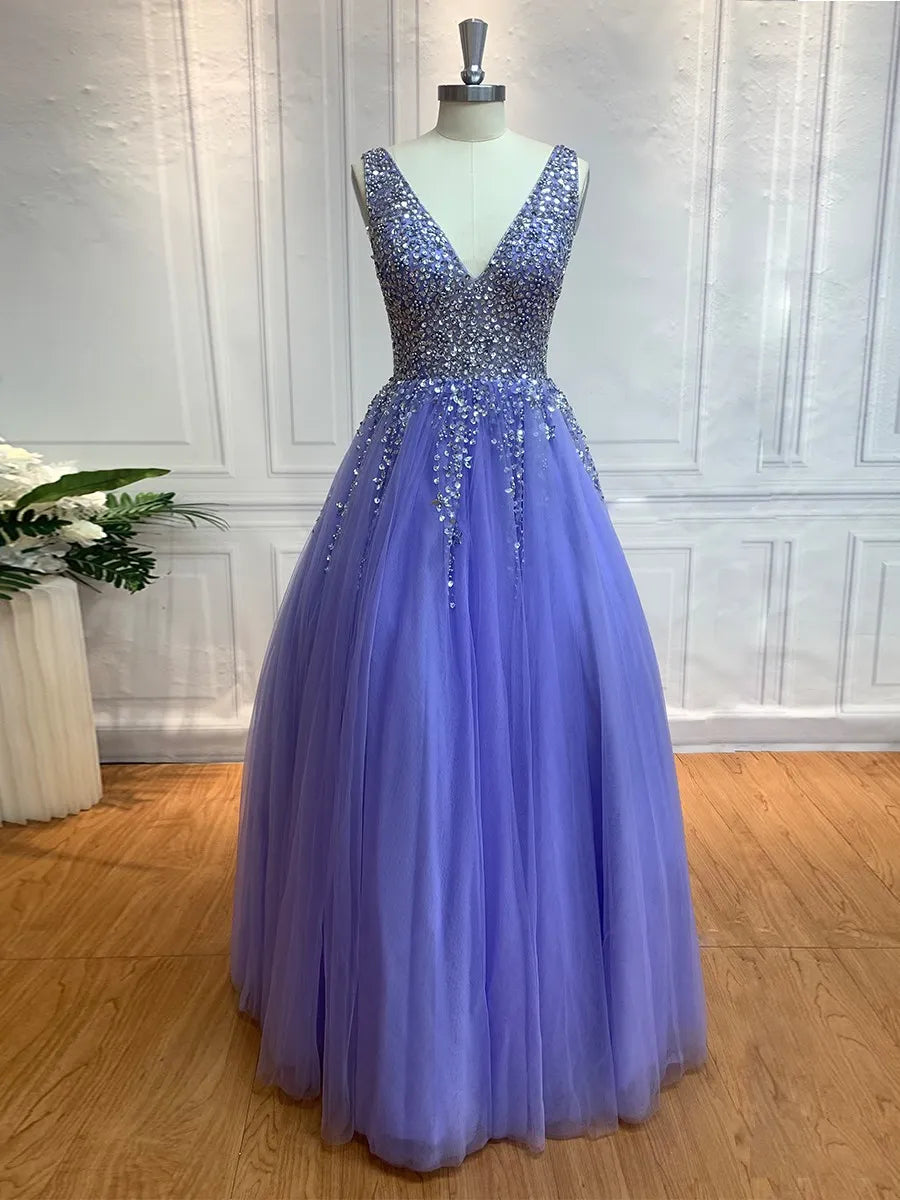 Glamorous Ballgown Deep V-Neck Sleeveless Open Back Floor-Length Evening Dresses