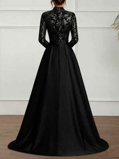 Glamorous Ballgown Turtleneck Long-Sleeve Sequin Back Train-Length Evening Dresses