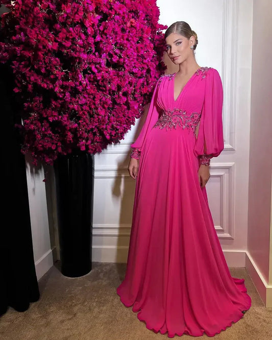 Glamorous Beaded Deep-V Puff-Sleeve Open-Back Floor-Length Prom Dress