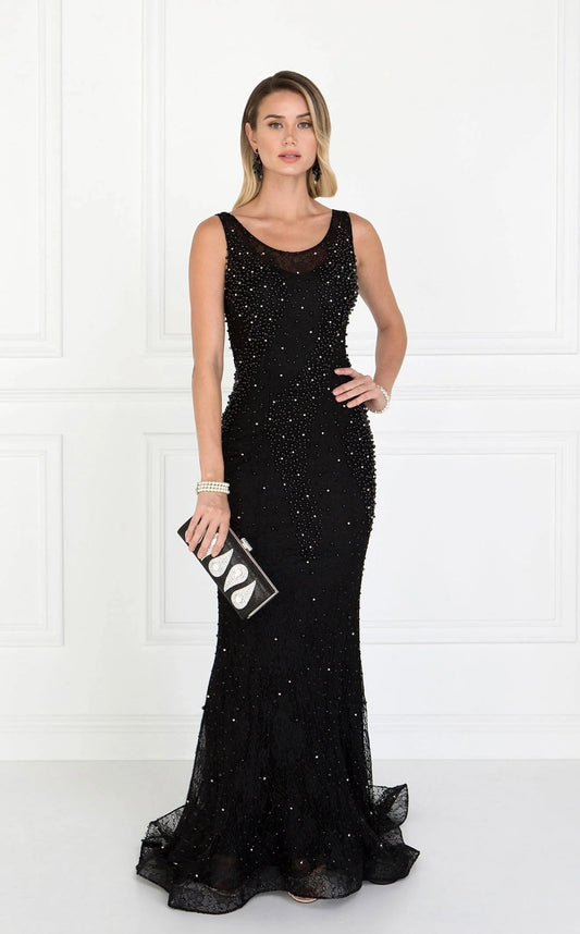Glamorous Black Beaded Lace Illusion Back Mermaid Prom Dress