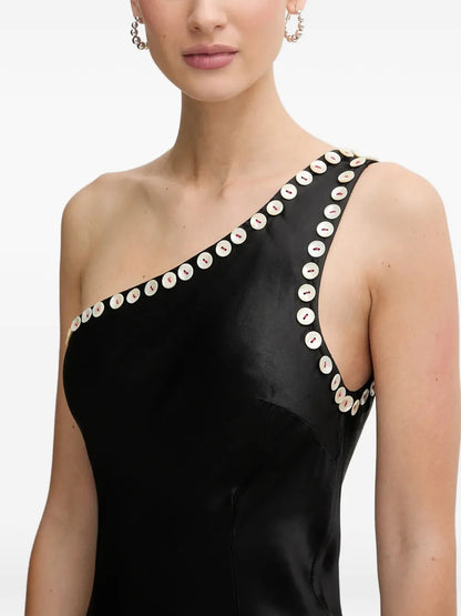 Glamorous Black Satin One-Shoulder Crystal-Embellished Prom Dress